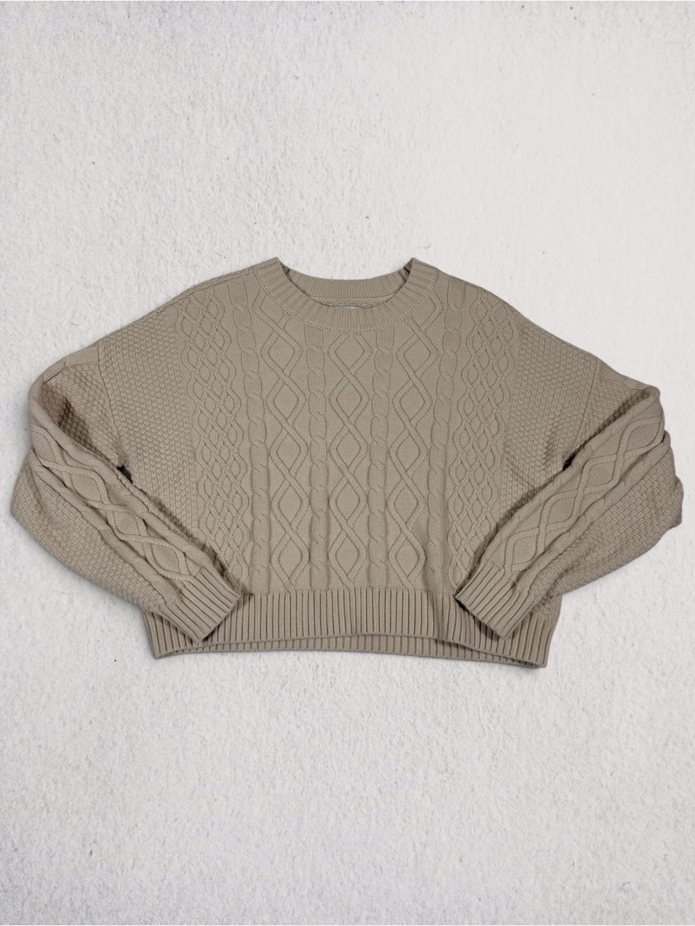 Hollister Taupe Cable-Knit Cropped Crew Neck Sweater